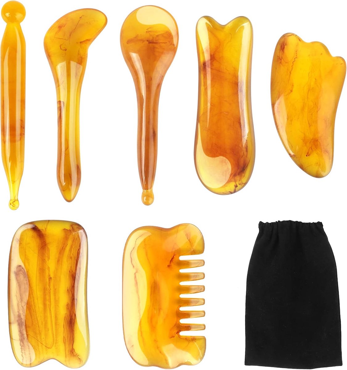 7-delige Gua Sha Massagetoolset – Natuurlijke Hars Schrapers – Gezicht & Lichaam – Meridianen Ontstoppen & Vermoeidheid Elimineren