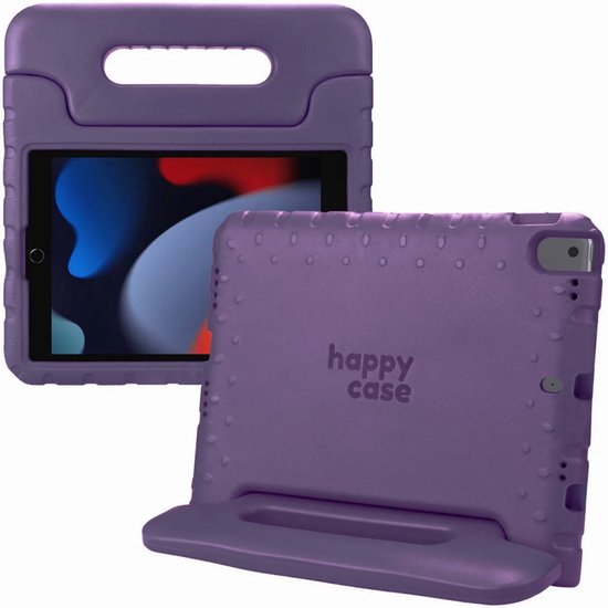 Paarse Happy Case tablethoes met handvat en ingebouwde standaard, voor een iPad.