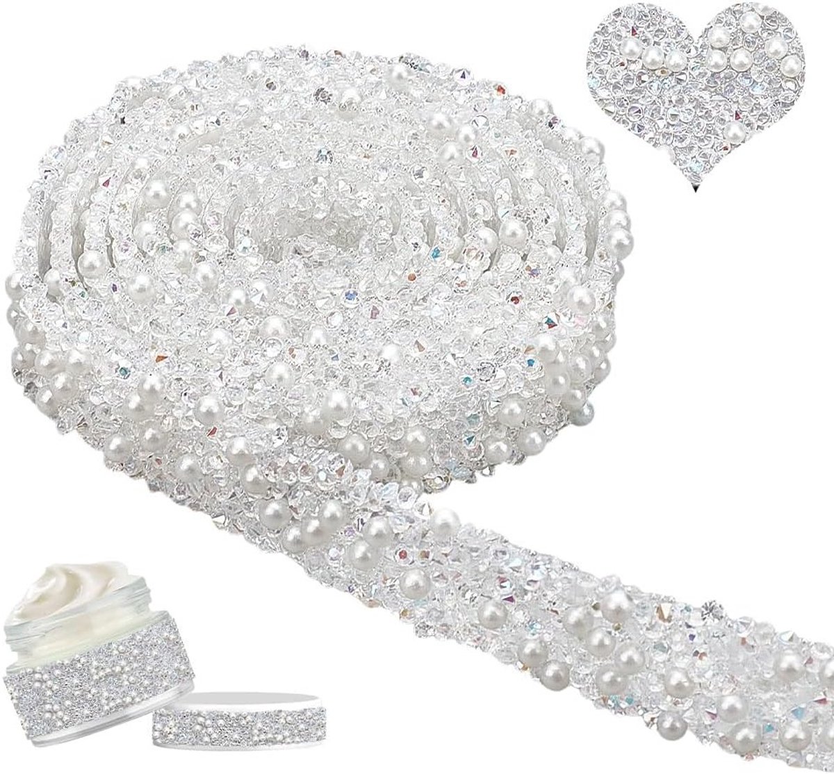 Zelfklevende Strass Ribbons met Parels - 4m Lange Decoratieve Lint voor Bruiloft, Schoen en Telefoon Versiering, 1.5cm Breed, Glanzende AB Parels