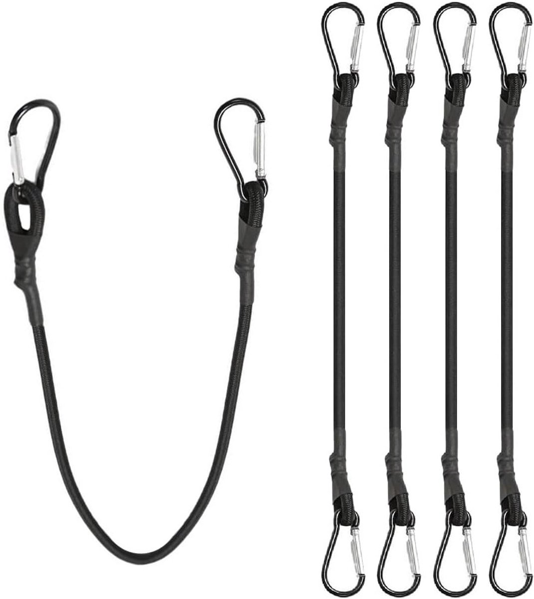 Elastische Bungeekoorden met Karabijnhaken, 4 Stuks van 30 cm, Weerbestendige en Zwaar Belastbare Stretchbanden voor Bagage en Kampeeruitrusting