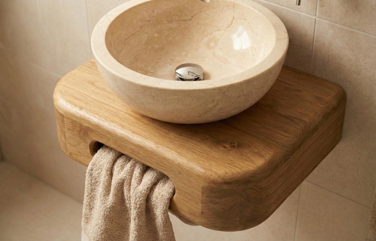 Moon Fonteinmeubel - 40cm - Massief Teak - Halfrond Design - Incl. Handdoekhouder & Ophangbeugels