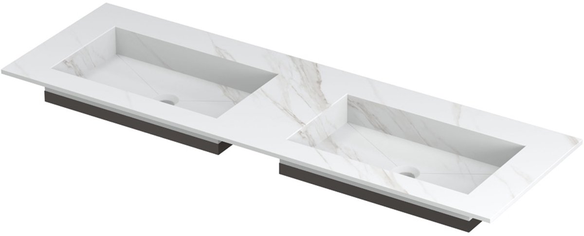 INK® Post wastafel in keramische slab met envelop bodem dubbele wasbak zonder kraangat 140x45x1cm, calacatta mat