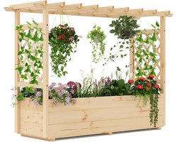 COSTWAY Verhoogd tuinbed met klimrek en hangend dak, plantenbak met klimhulp en drainagegaten, bloembak voor klimplanten, voor tuin, terras, houten plantenbak, naturel, 148 x 50 x 103 cm
