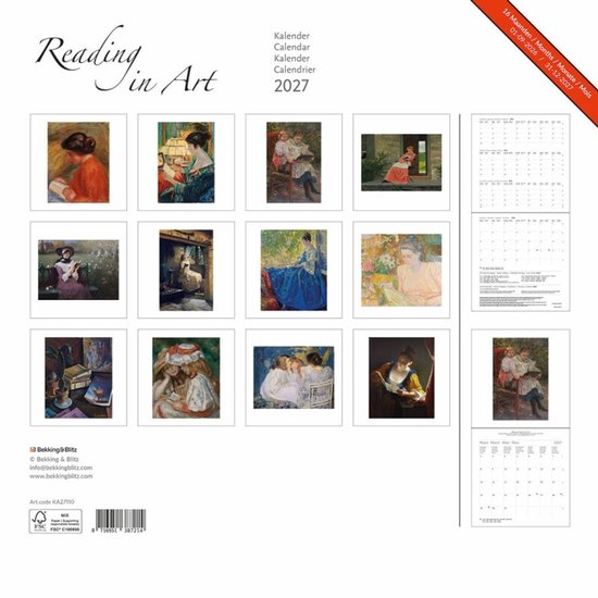 Kalender 2027 'Reading in Art' met schilderijen van vrouwen die lezen.