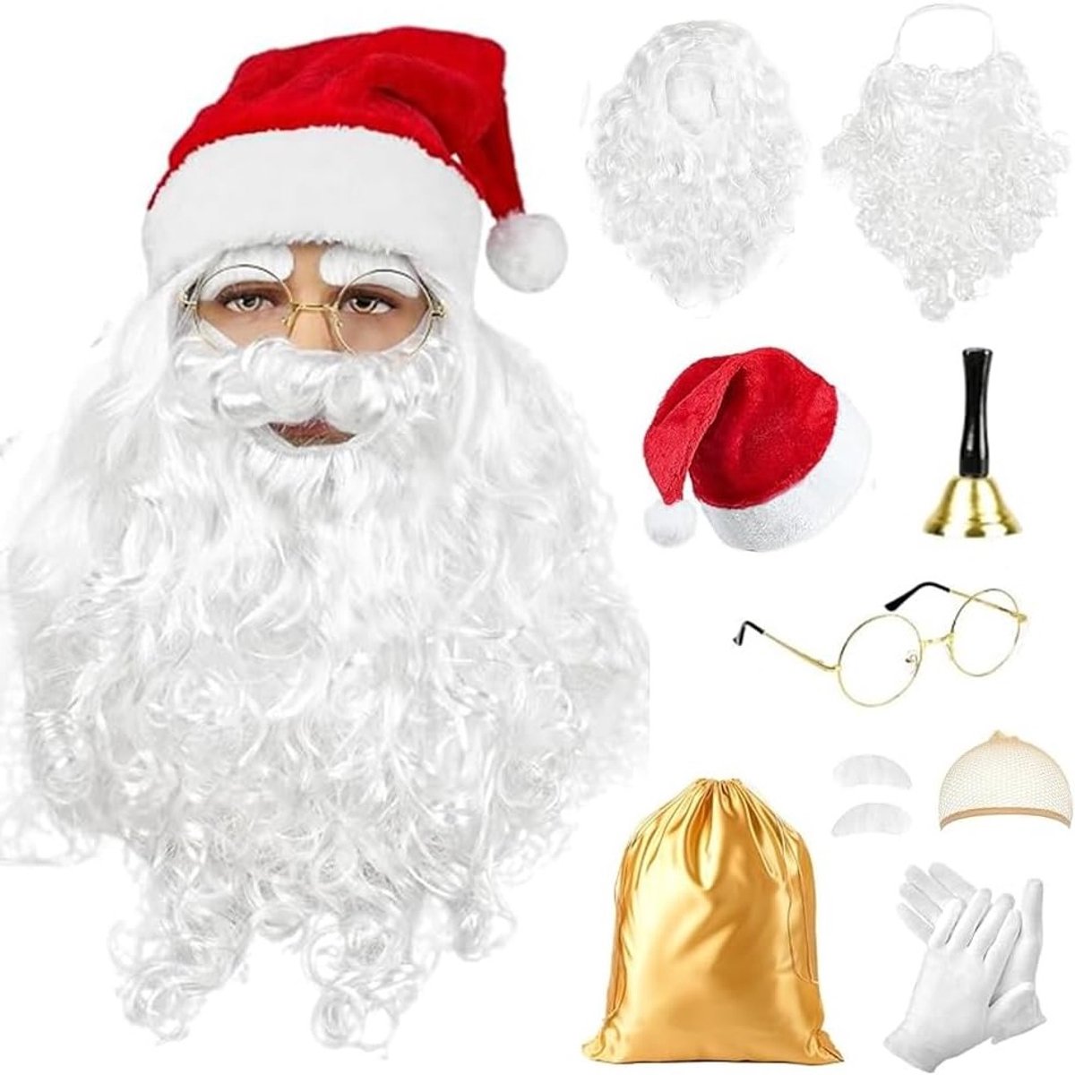 Kerstman Kostuum voor Volwassenen met Peruc, Baard, Hoed, Handschoenen en Kersttas - Compleet Kerstaccessoire Set voor Feestdagen
