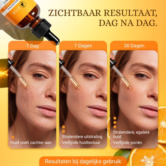 Drie portretten van een vrouwengezicht die de effecten van Sylk Vitamine C serum laten zien na 1 dag, 7 dagen en 30 dagen.