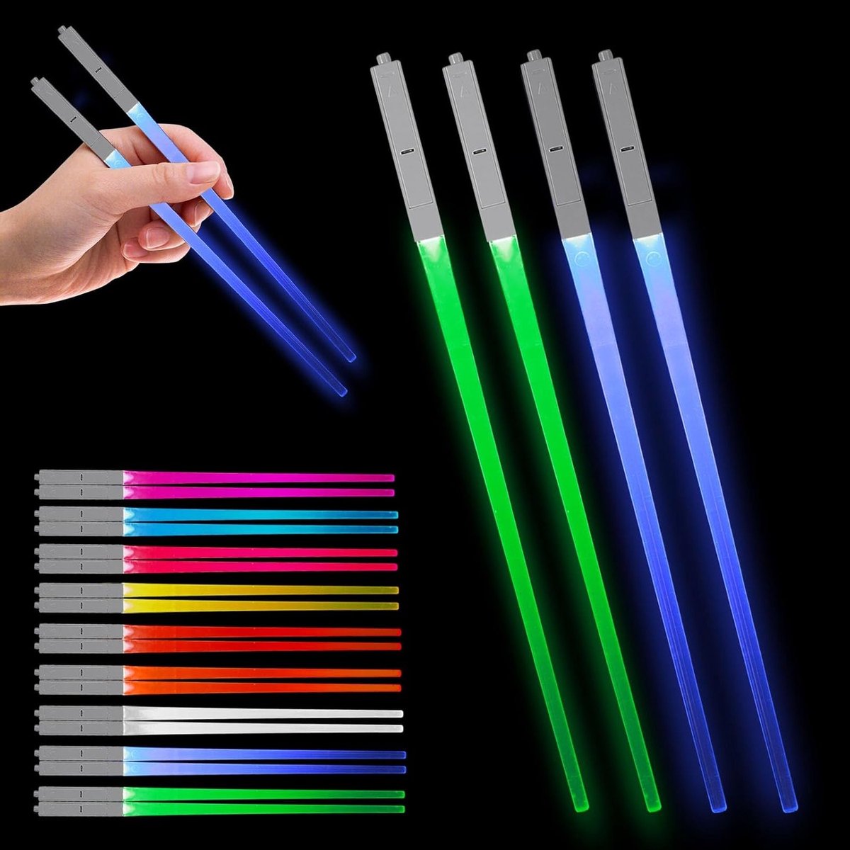 Lichtgevende eetstokjes, 2 paar met 9 kleurmodi, LED eetstokjes, BPA-vrij en vaatwasserbestendig, perfect voor sushi en dinerervaring