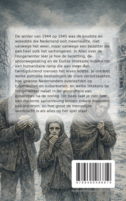 Drie uitgehongerde mensen met een kind in het midden op een besneeuwde achtergrond.