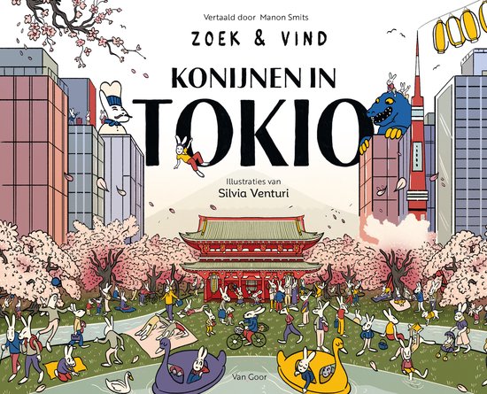 Titelpagina van 'Zoek & Vind: Konijnen in Tokio' met illustraties van veel konijnen in de stad, waaronder een tempel, kersenbloesems en hoge gebouwen.