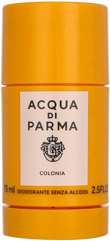 Oranje deostick van Acqua Di Parma met het label 'Colonia Deodorante Senza Alcool'.