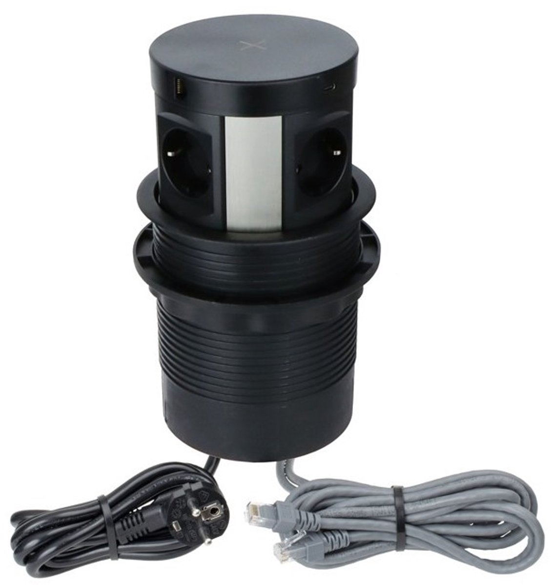 Design Light "Multibox" - Pop-up Stekkerblok met USB (A en C) en Netwerkkabel - Stekkerdoos met 4 Stopcontacten met Qi draadloze oplader - Verdeelstekker met Quickcharge 3.0 - Zwart