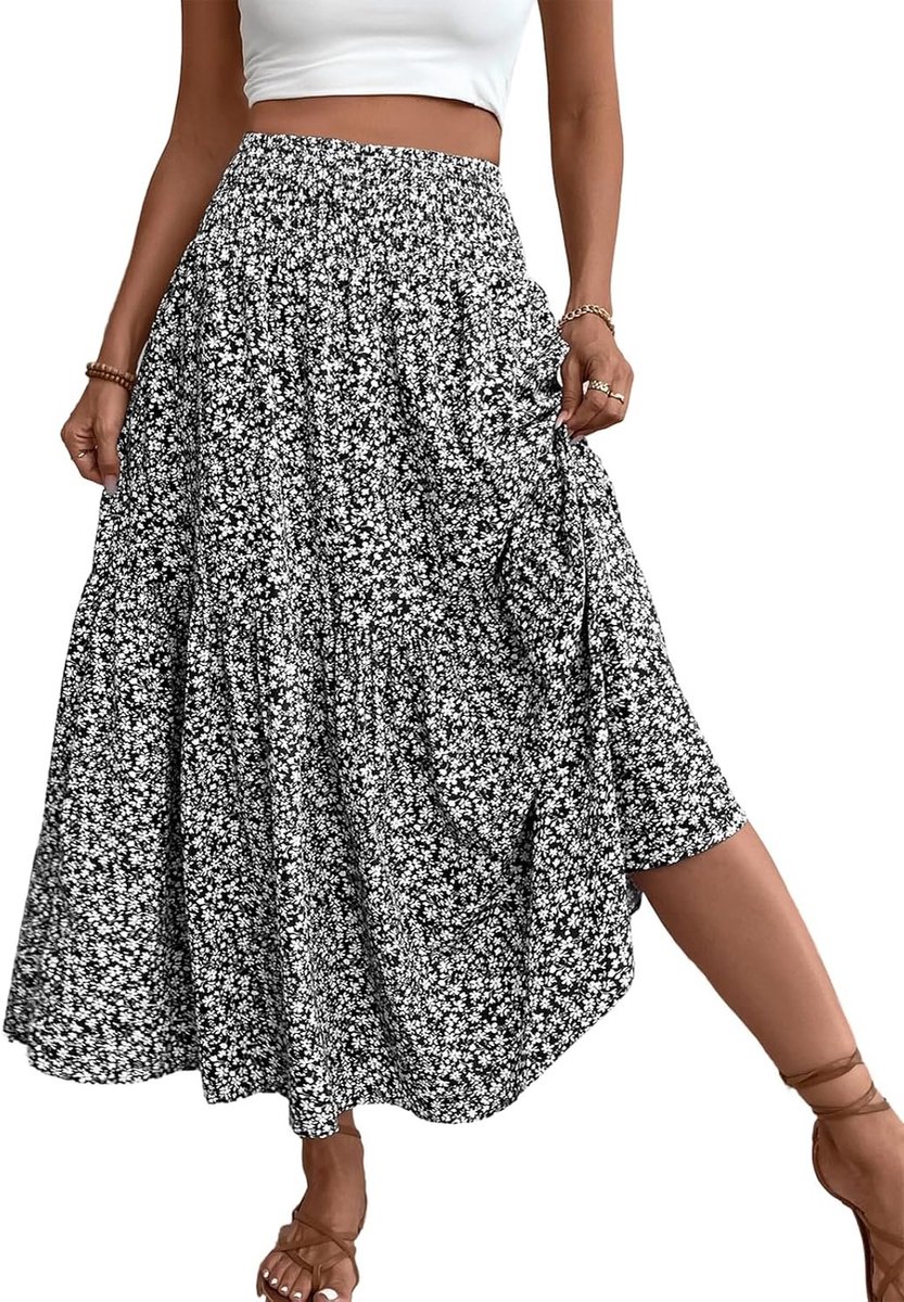 Zomerse Boho Chic Maxi Rok voor Dames, Hoge Taille, Elastische A-Lijn met Bloemenprint, Perfect voor Strand en Vakantie