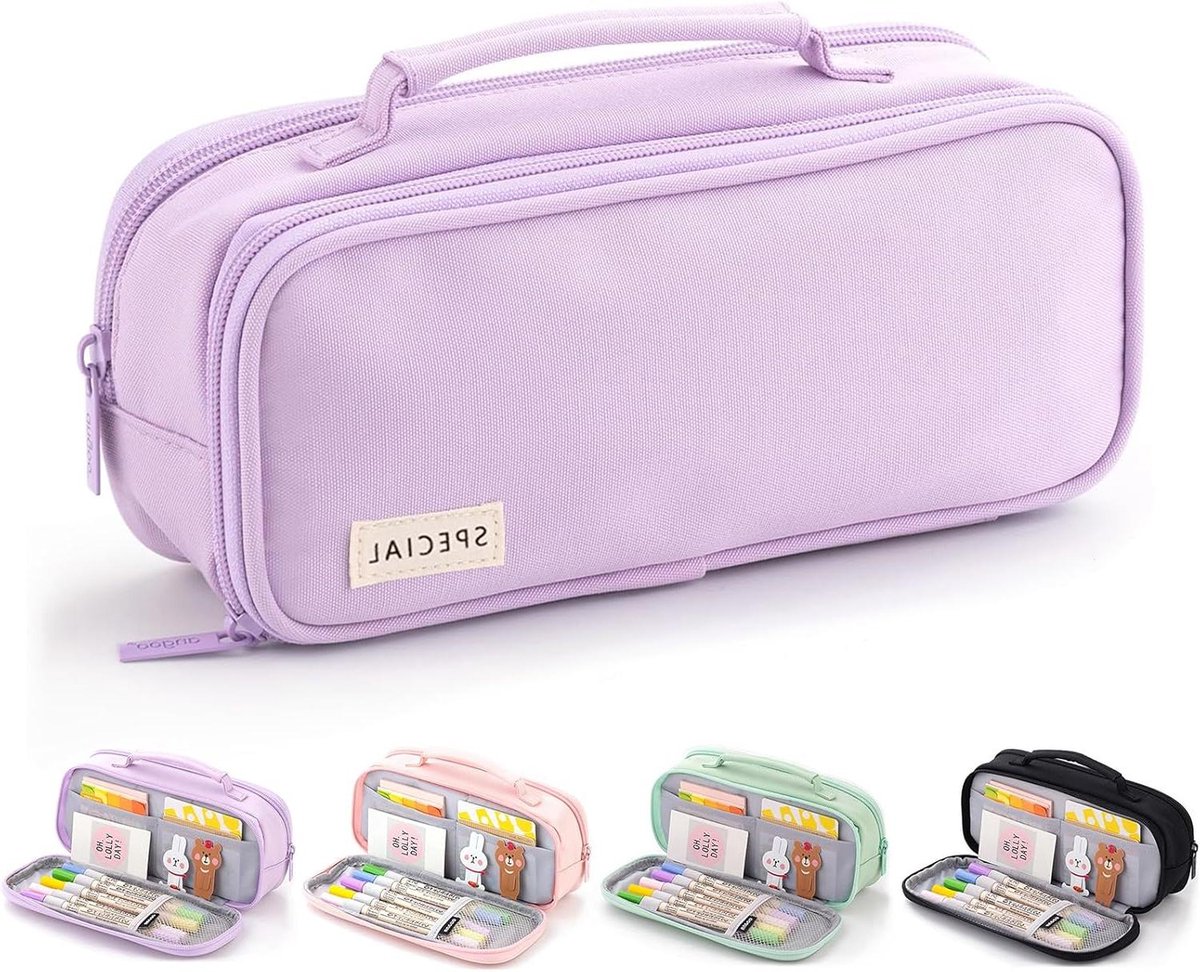 Etui met 3 vakken - Pennendoos opberger - School en kantoor - Grote capaciteit - 22.5 cm - Lila