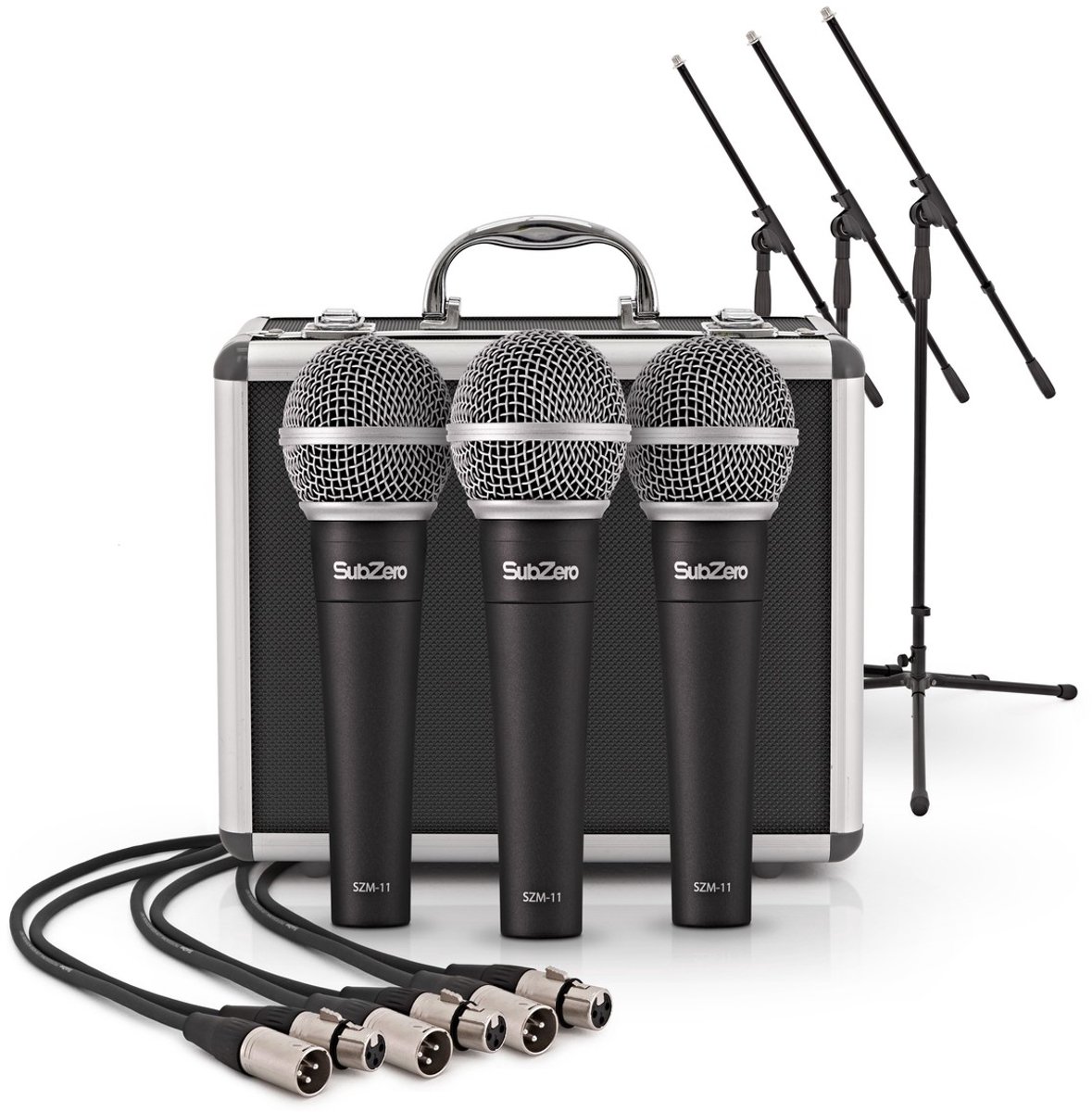 SubZero SZM-11 Dynamische Microfoon, Set van 3 met Koffer, Standaards & Kabels