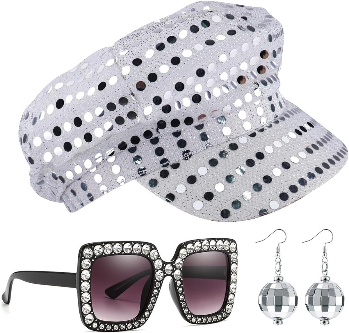 70s Disco Hoedenset met 3 Stuks, Glanzende Sequins Hoed, Vintage Zonnebril en Oorbellen, Perfect voor Disco Feestjes en Retro Kostuums