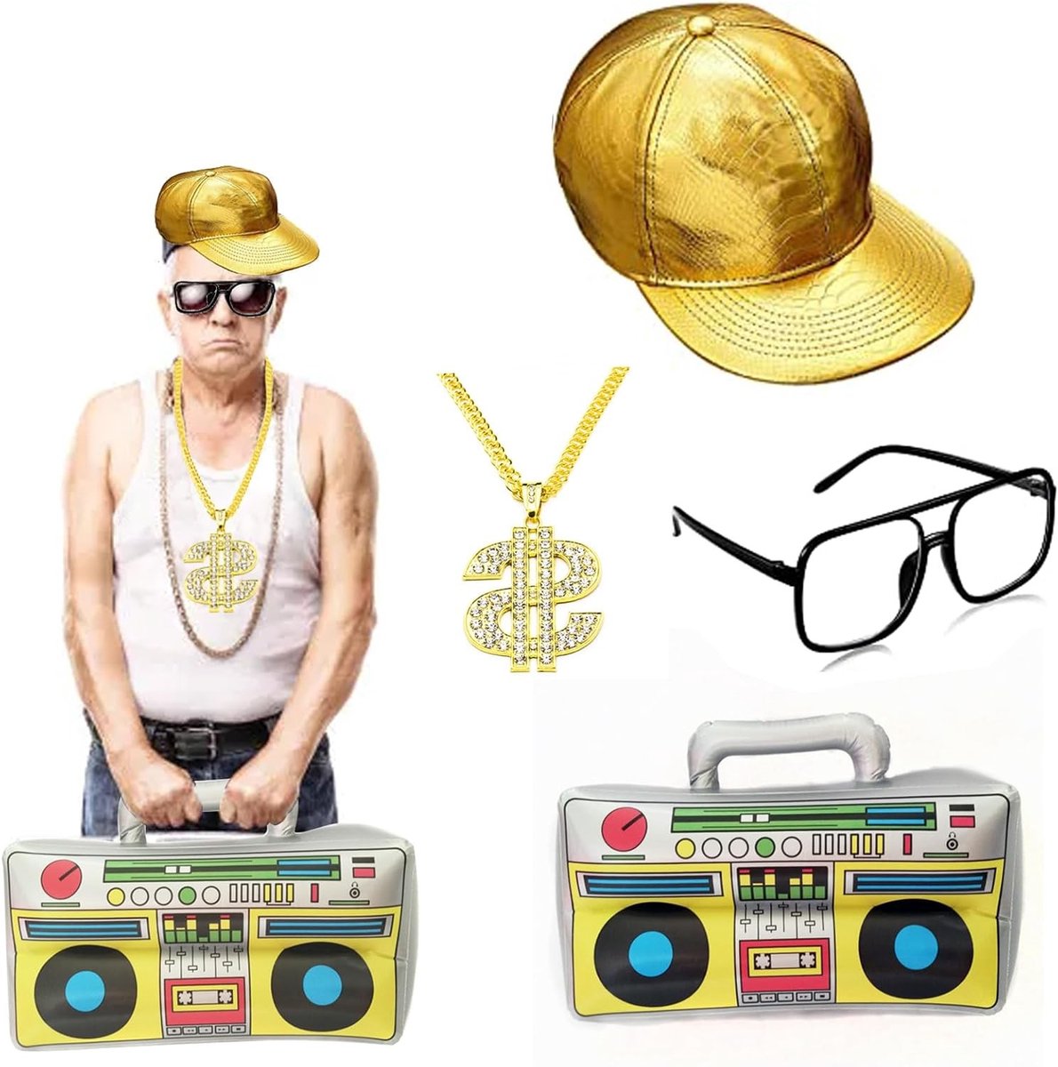 Hip Hop Kostuum Set voor Mannen, Perfect voor 80s en 90s Themafeesten, Rap Concerten en Outdoor Activiteiten, Inclusief Accessoires en Kleding