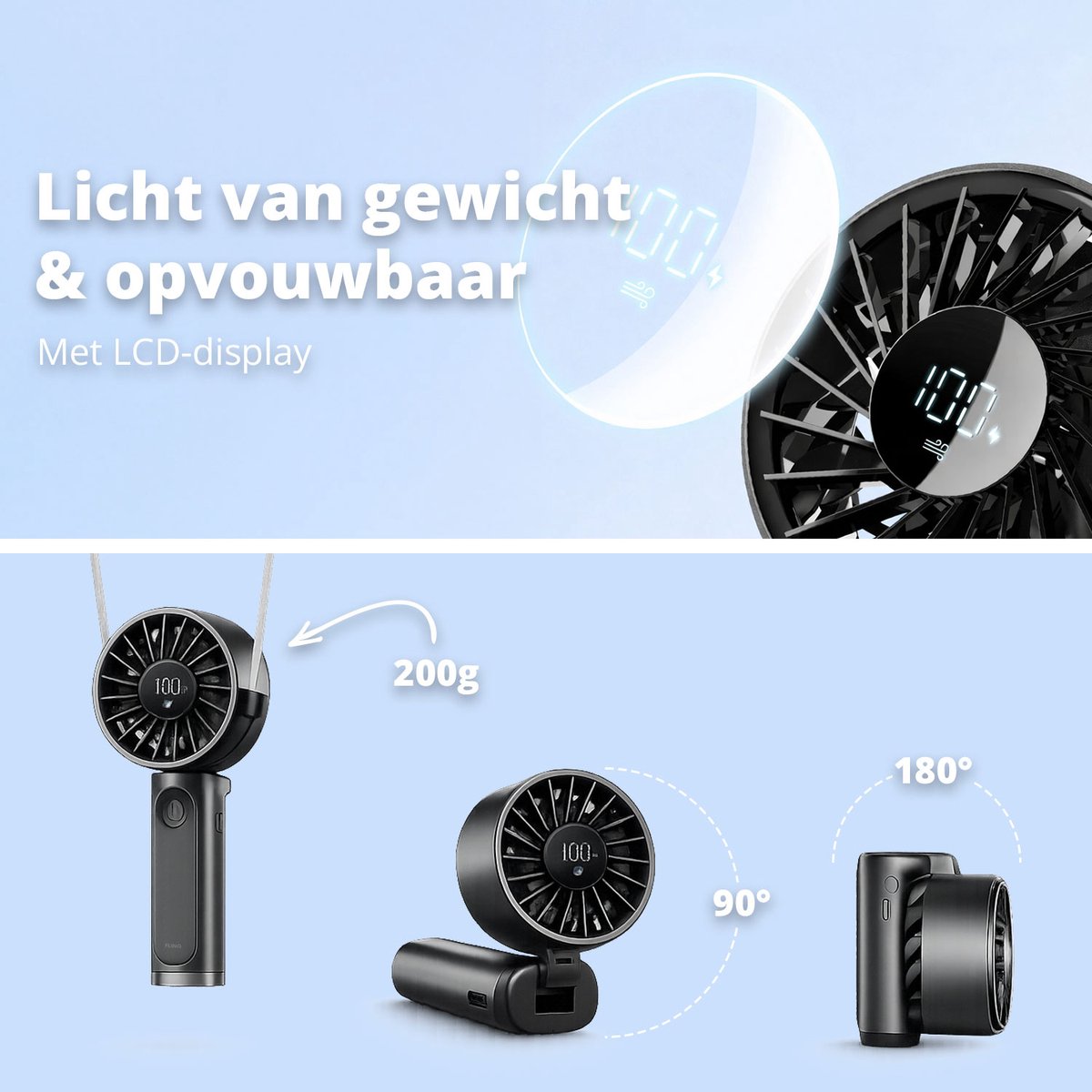 FlinQ Handventilator VoltAir - Draagbare Ventilator - Mini Fan Oplaadbaar - Kleine Portable Ventilator met USB - Draadloze Tafelventilator - Zwart — afbeelding 2