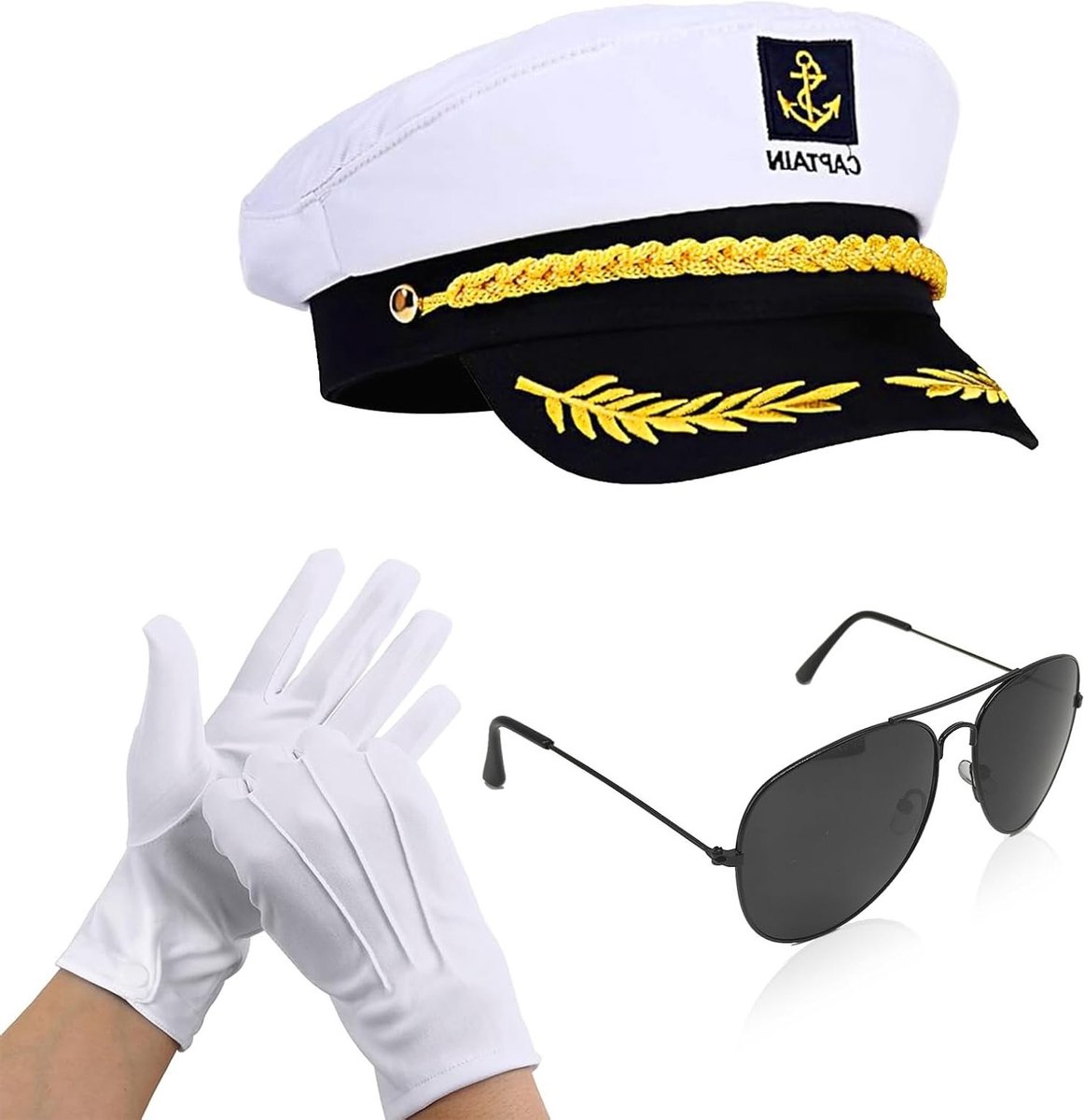 3-Pack Kapiteins Hoed voor Volwassenen met Verstelbare Maat, Inclusief Marinehandschoenen en Zonnebril voor Boot Kostuum Accessoires voor Feest en Halloween Cosplay
