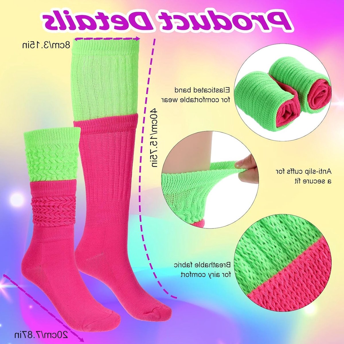 Neon Kousen voor Dames - Over de Knie, Rekbare Slouch Sokken, Perfect voor Neon Themed Outfits en Feesten