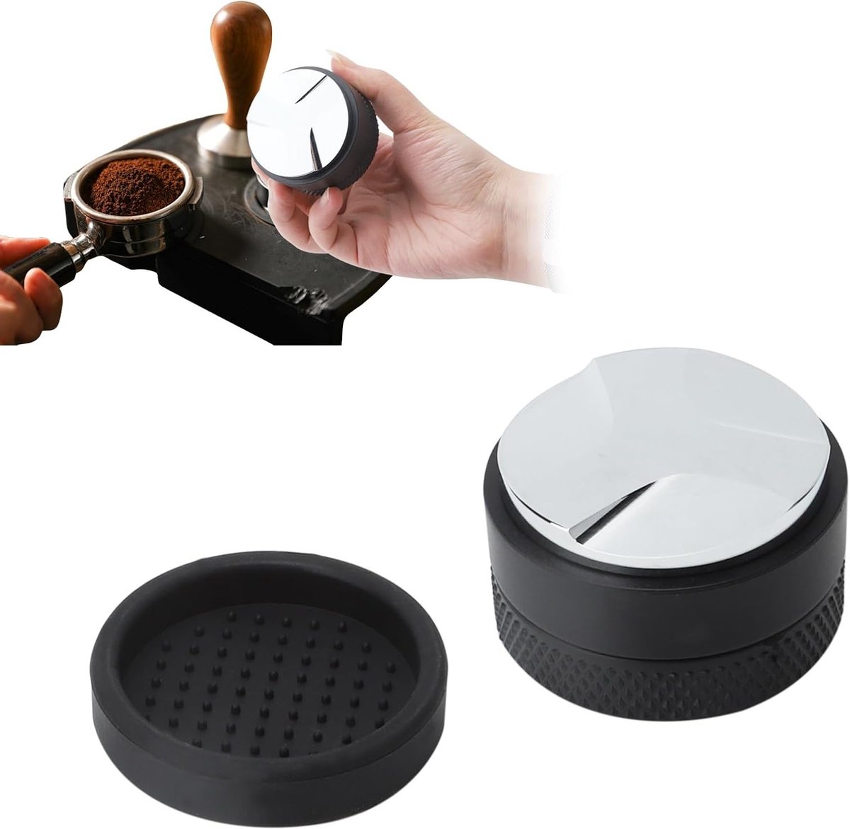 Professionele Koffieverdeeldispenser met Borstel en Siliconen Mat voor 54mm Koffiefilterhouder, Perfect voor Tamping en Espresso Bereiding