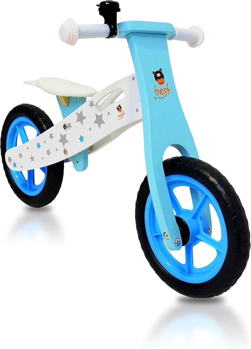Houten Loopfiets Kinderfiets Balansfiets Motoriek Ontwikkeling Lichtgewicht Hout 12 Inch Wiel Blauwe Sterren