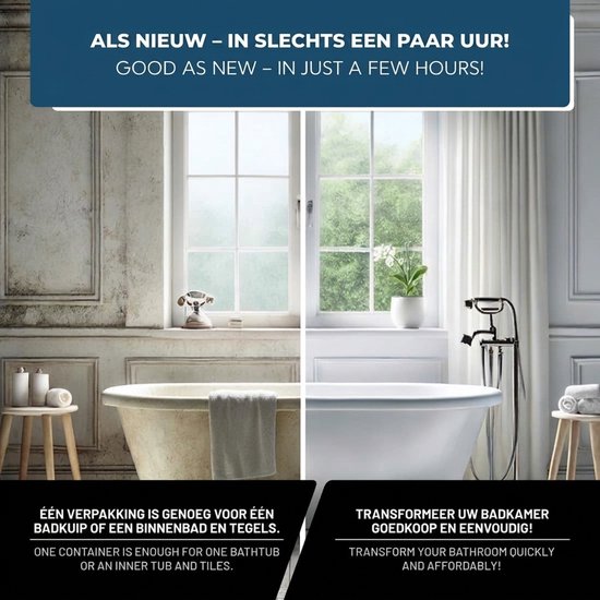 Voor en na foto van een badkamer. Links een verouderde badkuip, rechts een gerenoveerde badkuip en tegels. Tekst "ALS NIEUW - IN SLECHTS EEN PAAR UUR!".