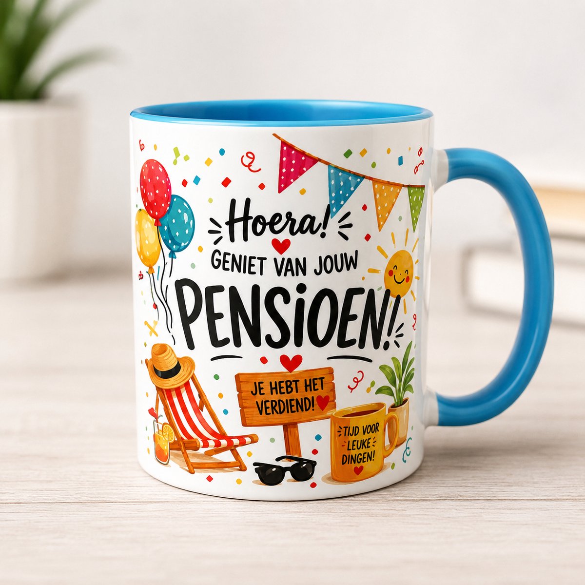 Afecto - Pensioen Mok – Hoera Geniet Van Jouw Pensioen – Vrolijke Koffiemok met Illustraties – Cadeau Pensioen – Keramische Mok 330ml – Vaatwasserbestendig