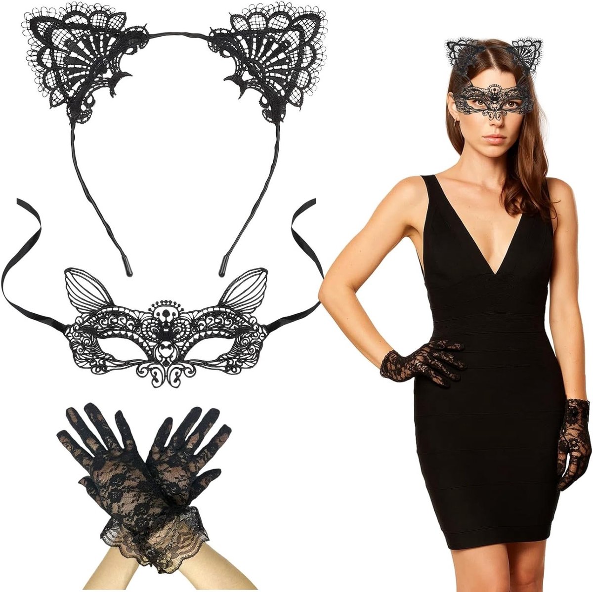 Cat Ear Hoofdband, Kanten Oogmasker en Handschoenen Set, Catwoman Kostuumaccessoires voor Volwassenen, Halloween Verkleedpartij en Rollenspelaccessoires