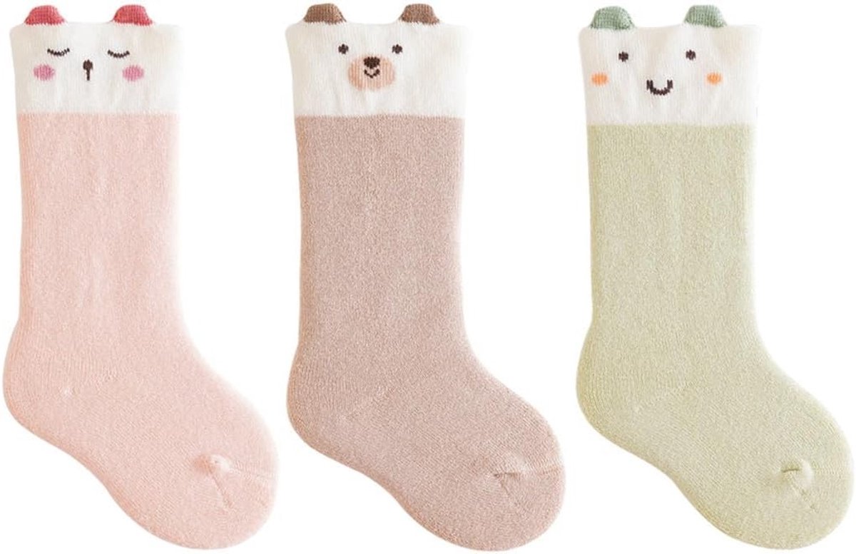 3 Paar Knielange Sokken voor Baby's - Schattige Dierenpatroon Katoenen Sokken voor Peuters in Roze, 6-12 maanden