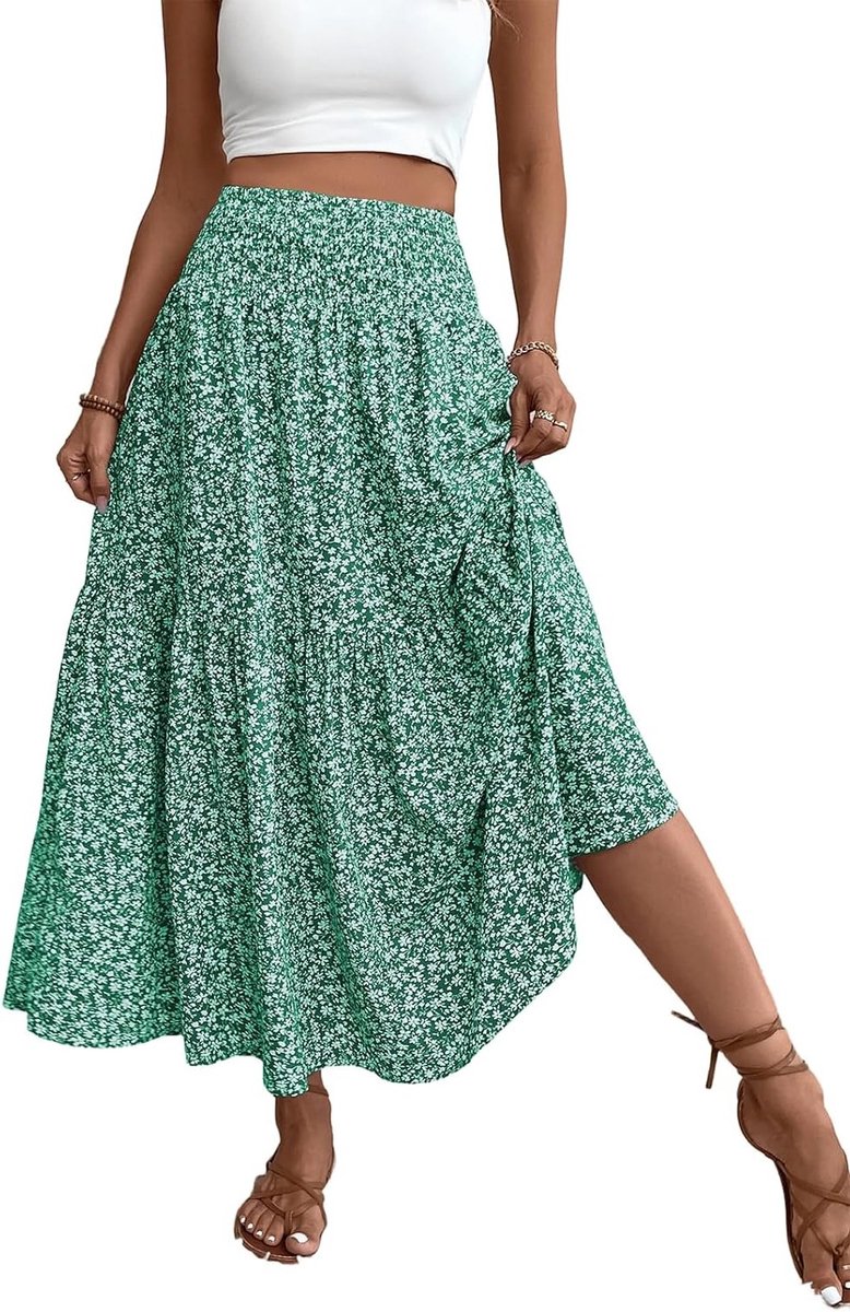 Zomerse Maxi Rok voor Dames, Hoge Taille, A-Lijn met Rimpels en Bloemenprint, Perfect voor Strand en Vakantie