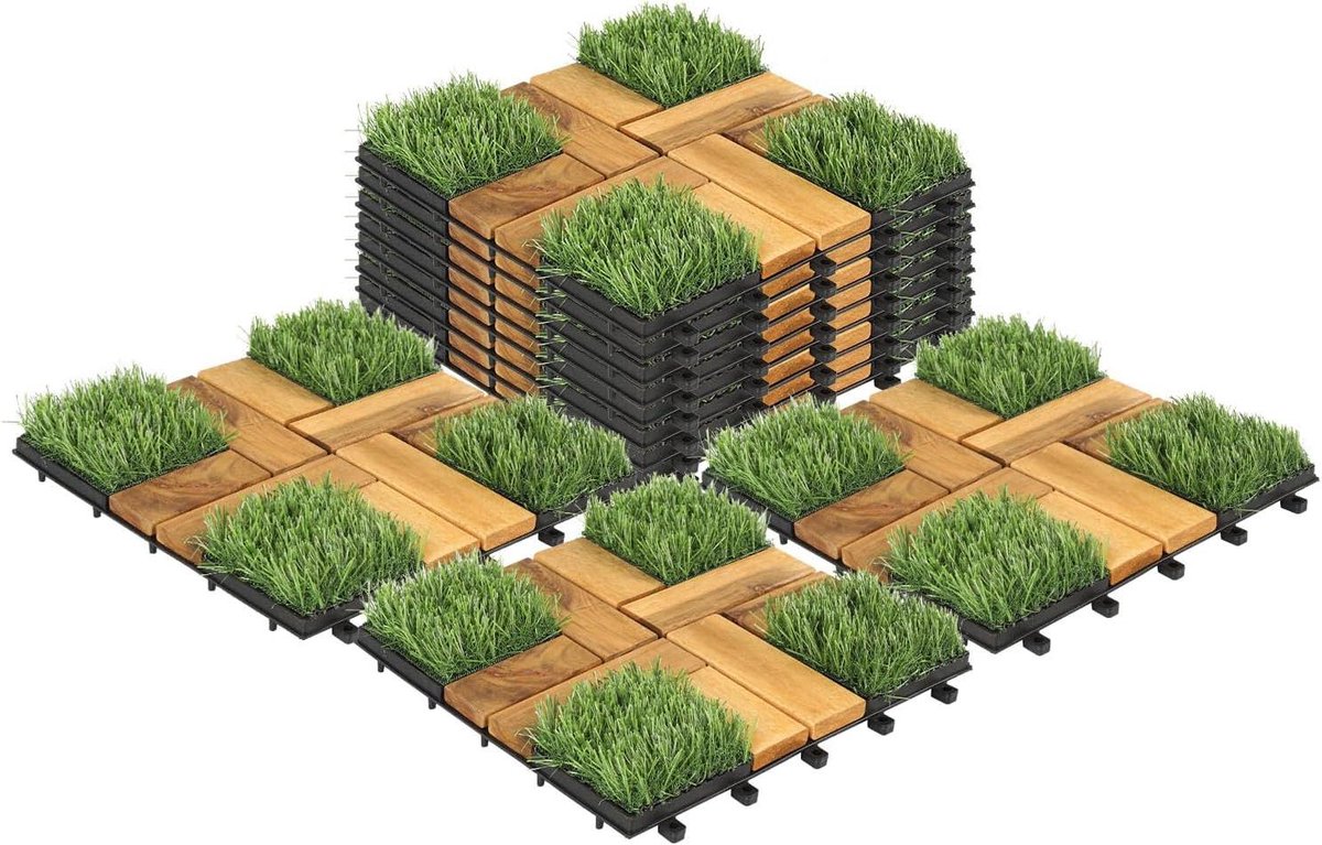 Houten Terrastegels - Balkon Vloer - Buitenruimte Aankleden - Met Gras - 5 m² Pakket - Groen