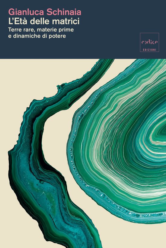 Boekomslag 'L’Età delle matrici' door Gianluca Schinaia met abstracte, golvende groene malachiet-achtige patronen.