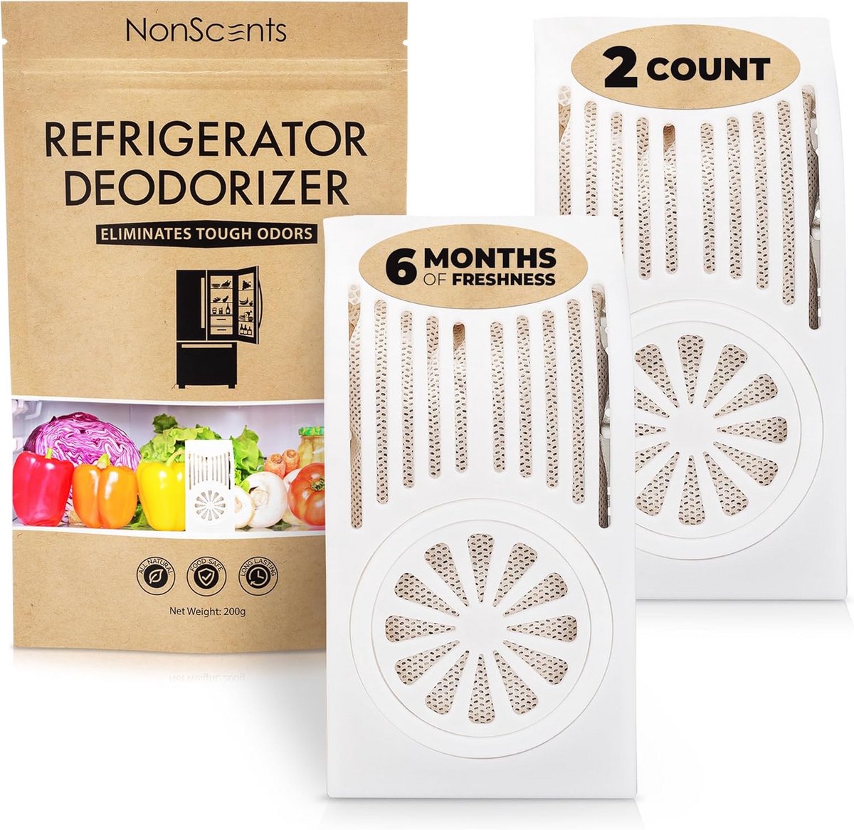 NonScents Refrigerator Deodorizer - Odor Remover for Refrigerator and Freezer - Surpasses Baking Soda & Deodorant with Activated Carbon - Unscented & Long-lasting, Refreshing Refrigerator (2 counts)