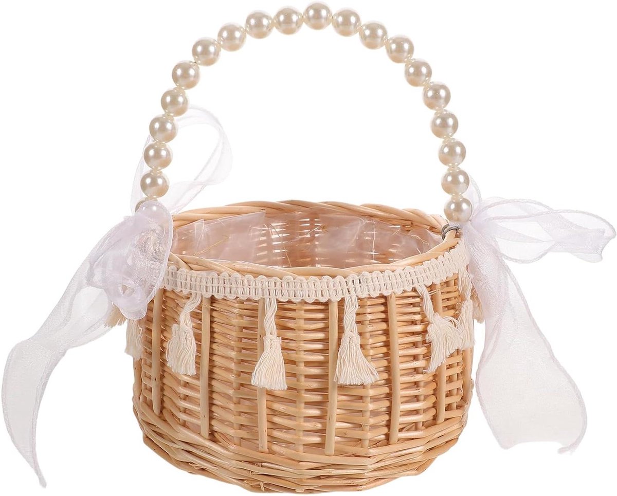 Handgeweven Rieten Mandje - Bloemenmandje Bruiloft - Feestelijke Decoratie - Met Strik - 20 cm Hoog - Beige