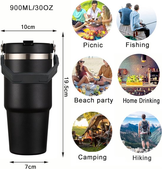 Reismok met handvat - Geïsoleerde beker - Warme drank meenemen - Lekvrij ontwerp - 600ml capaciteit - Zwart — afbeelding 4