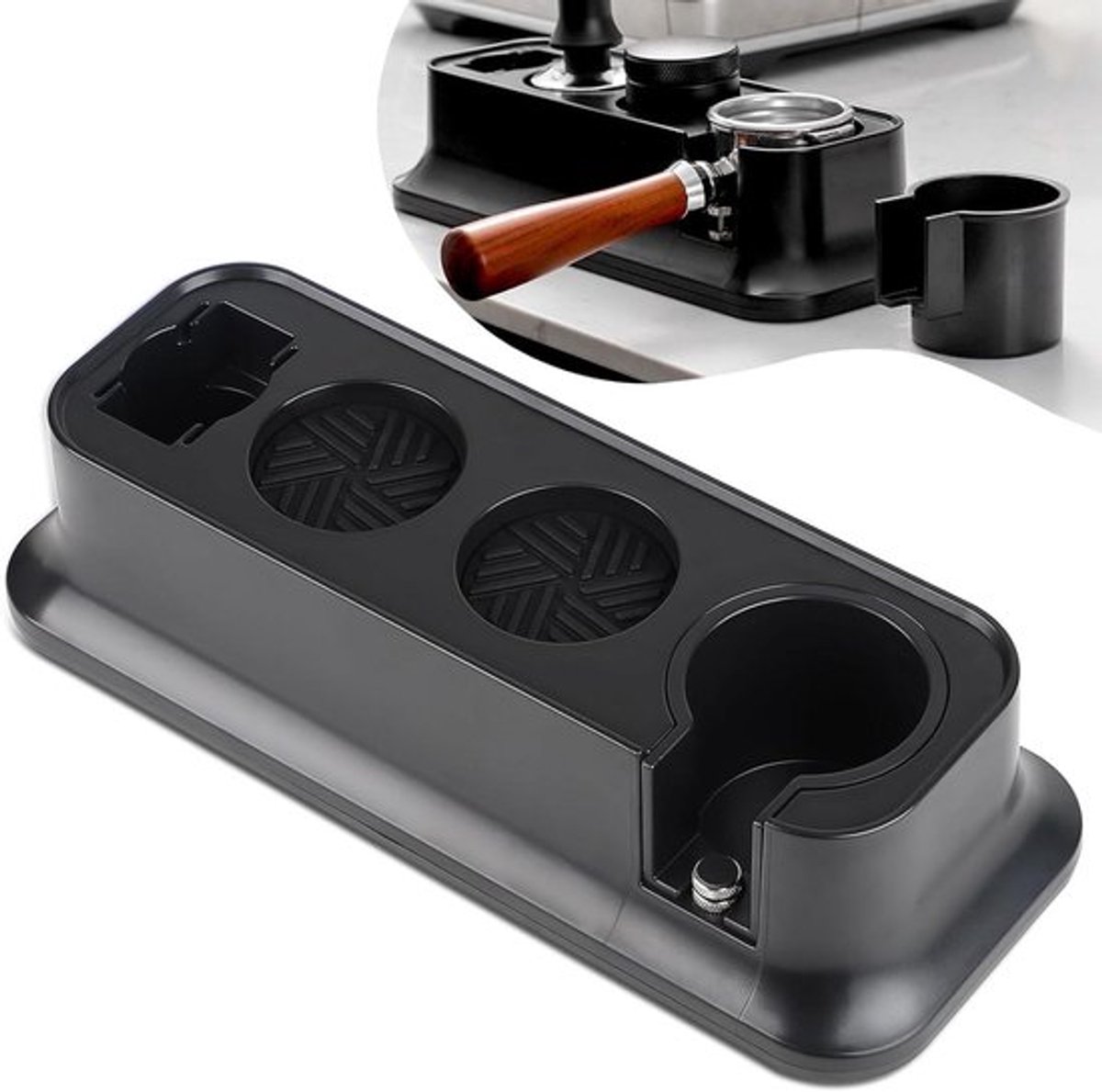 Tamperstation voor espresso, in hoogte verstelbaar, zwart, zeefhouder, accessoires
