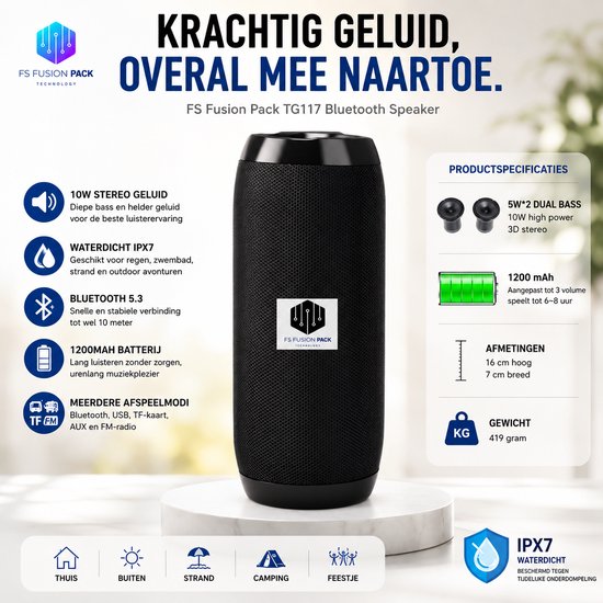 Premium 10W Wireless Speaker Waterproof FS Fusion Pack TG117 Draagbare Bluetooth Speaker - Waterproof IPX7 - Super Bass - USB/TF/FM - Outdoor Wireless Speaker - 10W - 1200mAh - Zwart- 2026-Cadeau van Merkloos — afbeelding 2