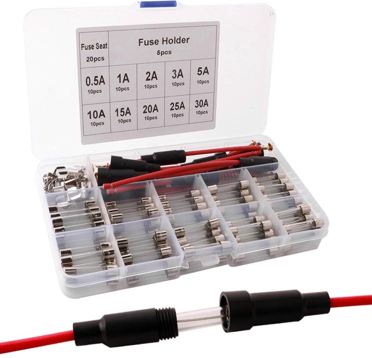 Dailygoods - glaszekering set 125pcs - snelle glaszekering 6x30mm - fuse seat en screw type holder - met plastic box