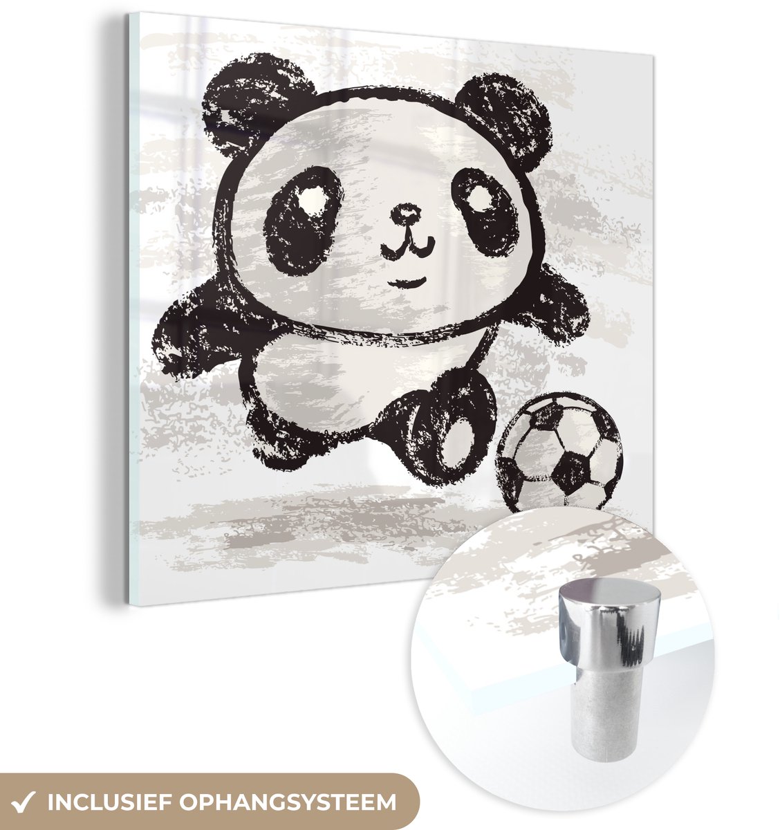 ® Glasschilderij 20x20 cm - Schilderij acrylglas - Panda - Voetbal - Zwart - Wit - Foto op glas - Muurdecoratie woonkamer - Wanddecoratie slaapkamer - Schilderijen