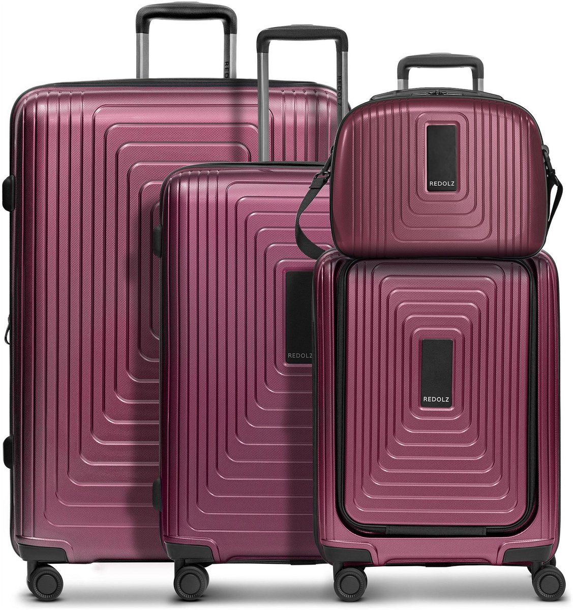 Redolz Essentials14 4-wiel kofferset Beautycase 4st met uitklapbaar laptopvak - Harde bagage - TSA slot - aubergine metallic