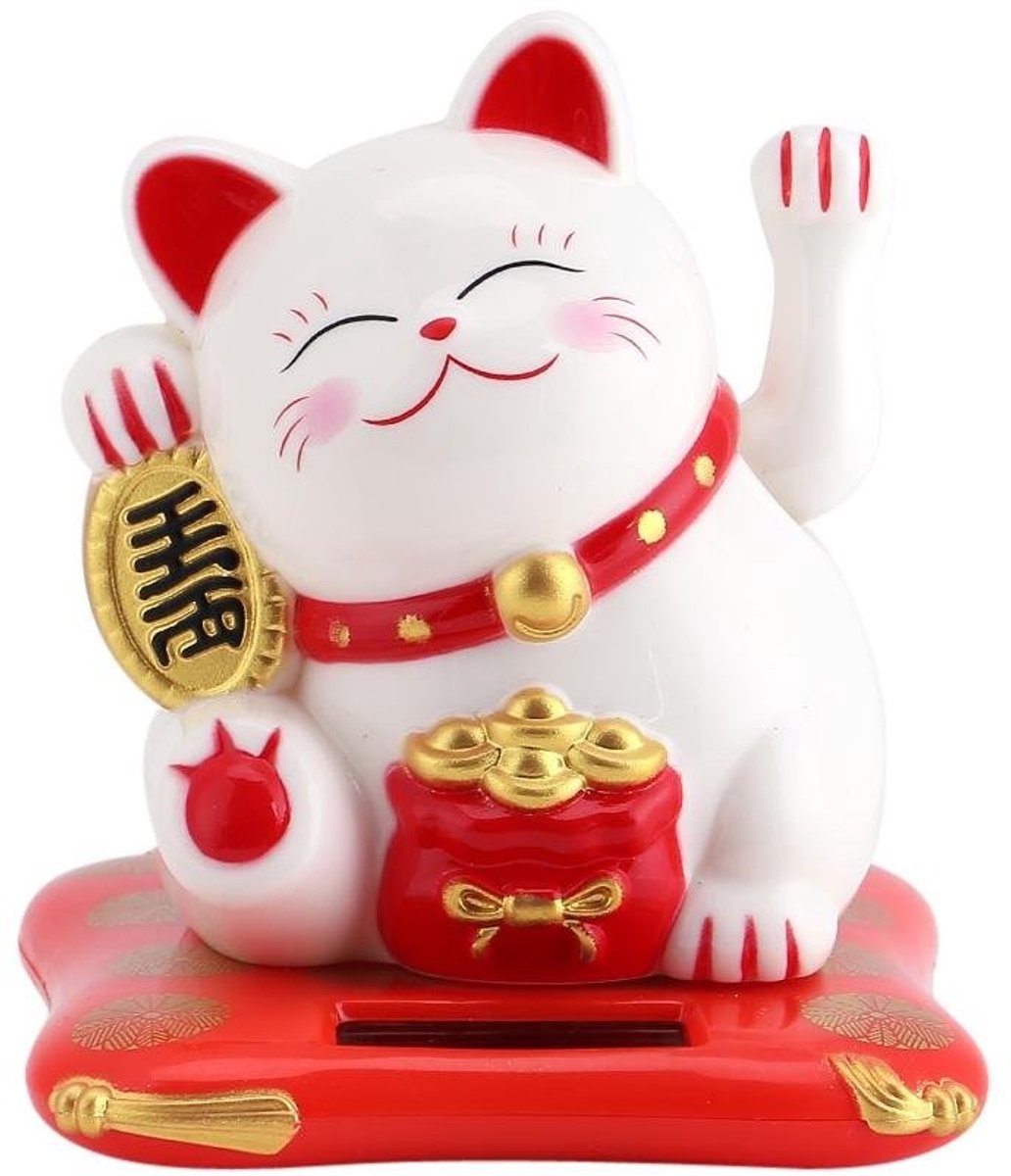 aladdien - Maneki Neko hoekkat - Gelukskat - Zwaaiende pinnen - Wit - Decoratie voor thuis en auto - Schattig kattendesign - Op zonne-energie