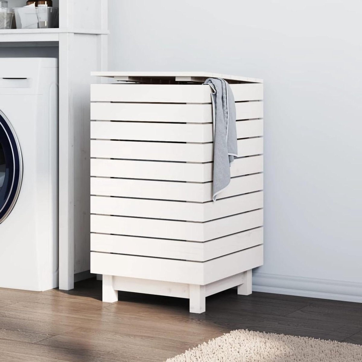 Wasmand Houten Kist - Wasmand met Deksel - Orde in Huis - Massief Grenenhout - 44x44x76 cm - Wit