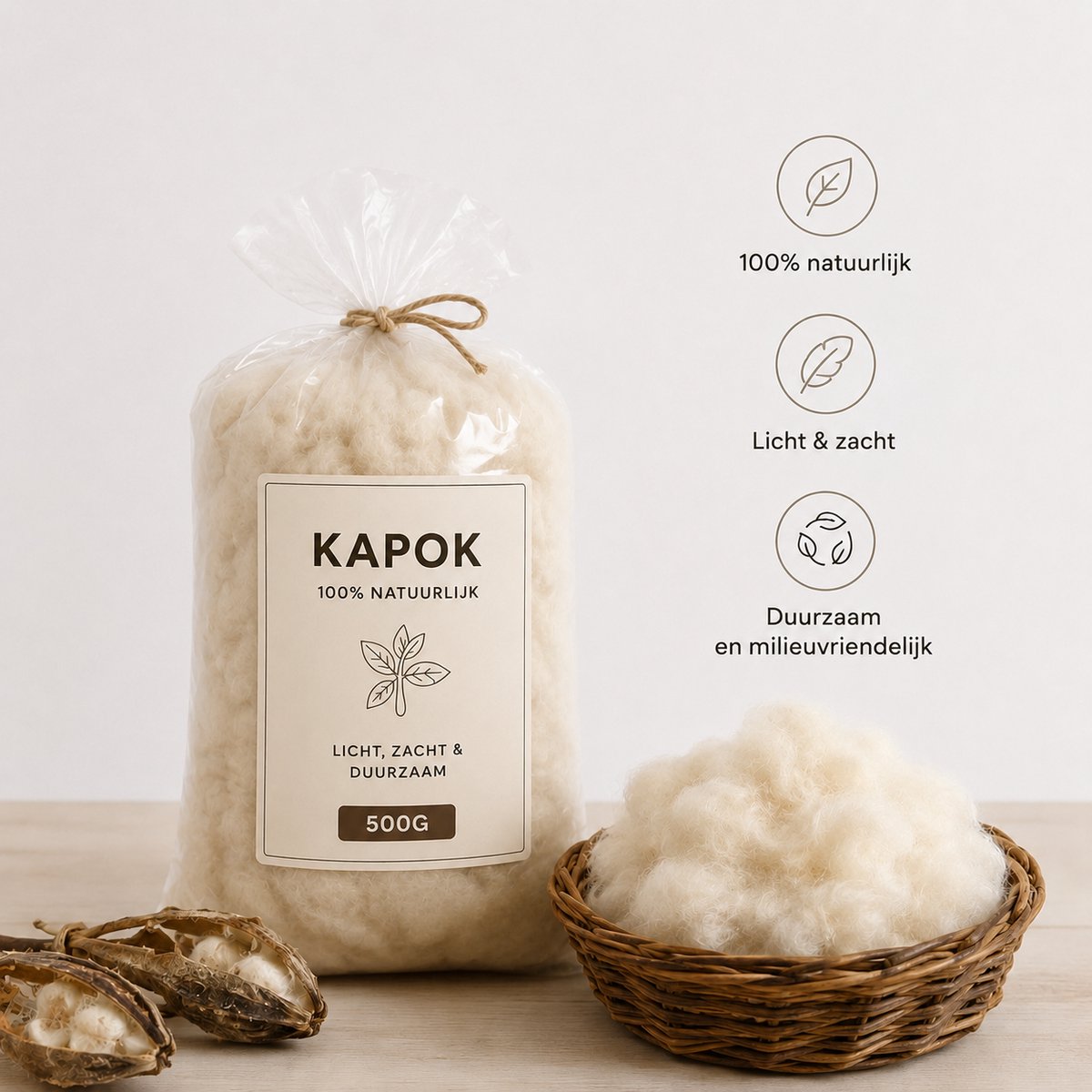 Kapok vulling 500 gram - Kussenvulling - navulling - natuurlijke vulling - Organische vulling - Natuurproduct - kapokvulling