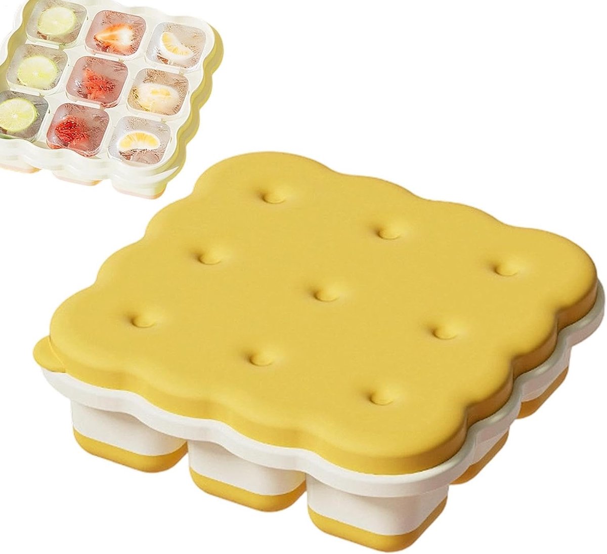 VHV - Ijsblokjesvorm - Ijsblokjesvorm met deksel - Siliconen bakvorm met deksel - Unieke koekjesvorm met zachte - Makkelijk loslatende bodem - Herbruikbare ijsblokjesmaker - Voor Cocktails - Ijskoffie en eten - Geel