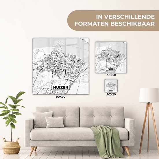 ® Glasschilderij 90x90 cm - Schilderij acrylglas - Kaart - Huizen - Zwart - Wit - Foto op glas - Muurdecoratie woonkamer - Wanddecoratie slaapkamer - Schilderijen