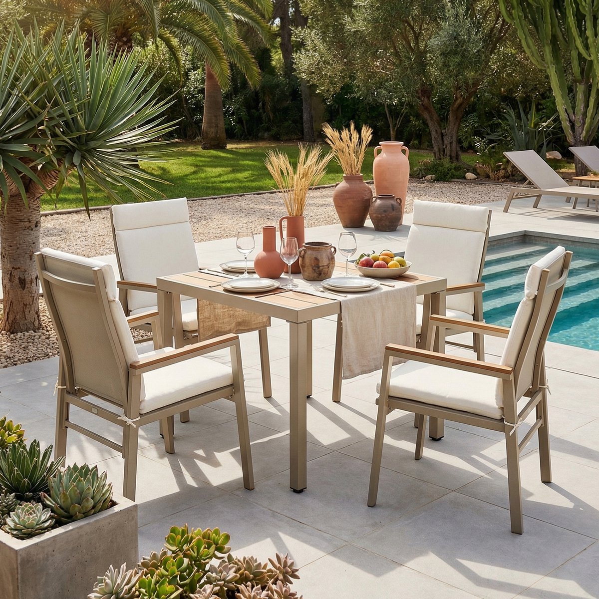 Tuineetset - Tuinmeubelset - Geschikt voor 4 Personen - Bestaande uit 1 Tafel en 4 Stoelen - Gegalvaniseerd Ijzer - Tafelblad van Kunststofhout - Kaki + Beige