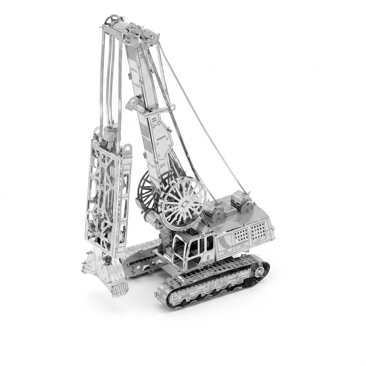 Zilverkleurig metalen modelbouw kraan bouwpakket 3D puzzel unisex gedetailleerd rupskraan met hijsarm kabels en rupsbanden decoratief assemblage model