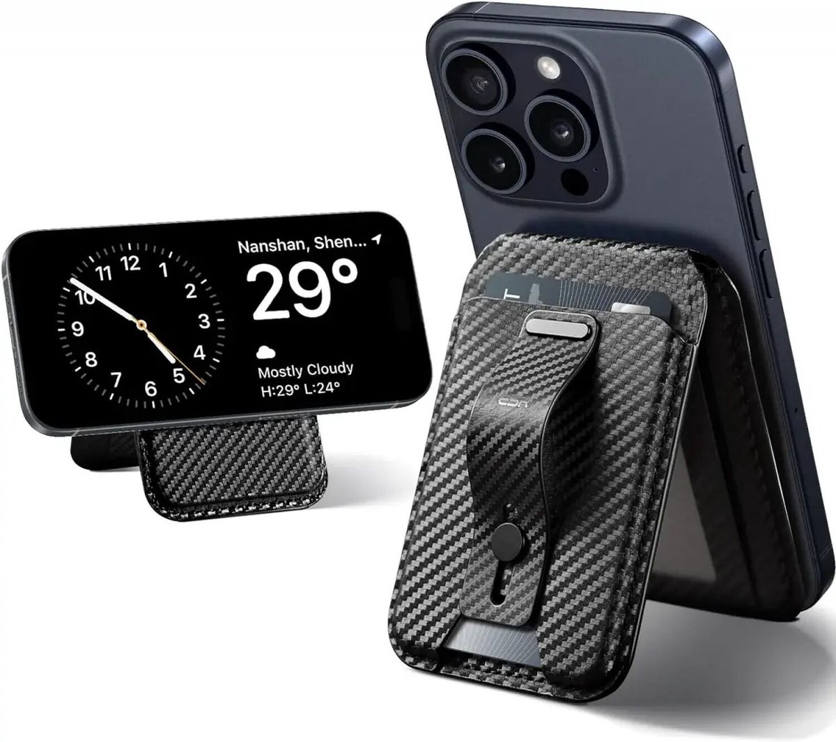 ESR Grip Wallet Stand | Magnetische Kaarthouder | Compatibel met MagSafe en HaloLock | Pasjeshouder voor 5 Pasjes | Portemonnee | Standaard | Vingerlus | Carbon Fiber