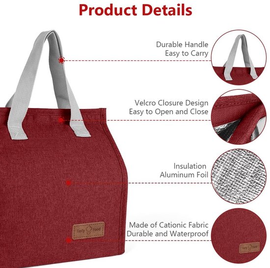 Lunch Bags voor Vrouwen en Mannen - Draagbare Lunch Box Tas - Geïsoleerde Koeltas - Lekvrije Lunch Organizer - Thermische Koeltas voor Werk Buiten School Reizen - Wijnrood van Merkloos — afbeelding 3