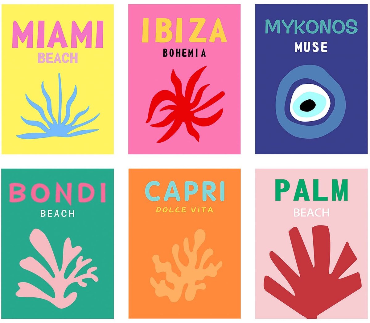 ONF3 - Posters - Reiskunstafdrukken - Set van 6 - Minimalistische wanddecoratie - Kleurrijke prints - Voor thuis - 25,4 cm x 20,3 cm